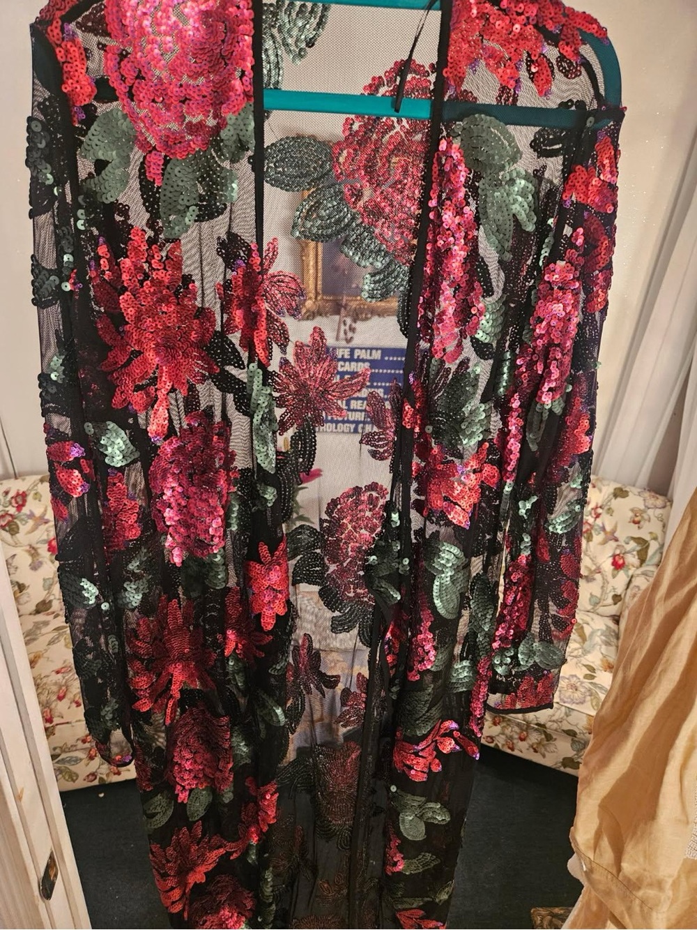 Zara Black Sheer Mesh Duster with Pink & Green Sequin Floral